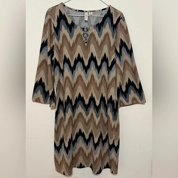 TACERA Women’s Earthy Tone Aztec Chevron 3/4 Sleeve Dress  Large - Picture 1 of 14